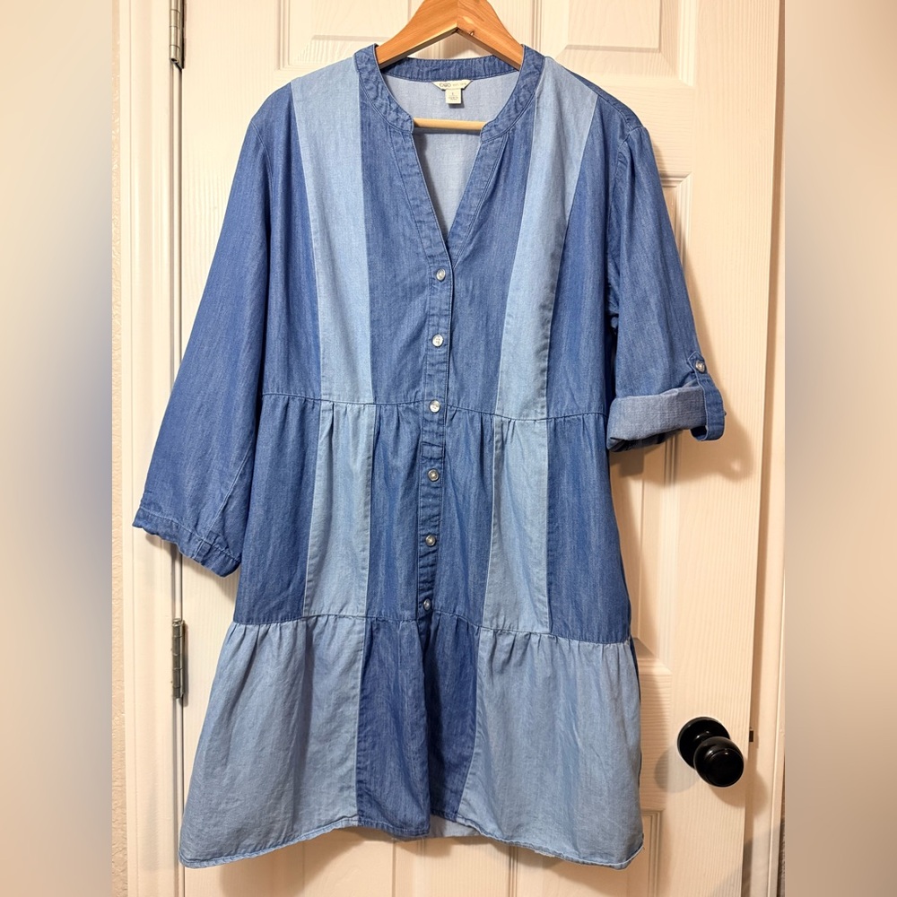 Cato Denim Patchwork Button-Front Tunic Dress in Two-Tone Blue with Pockets